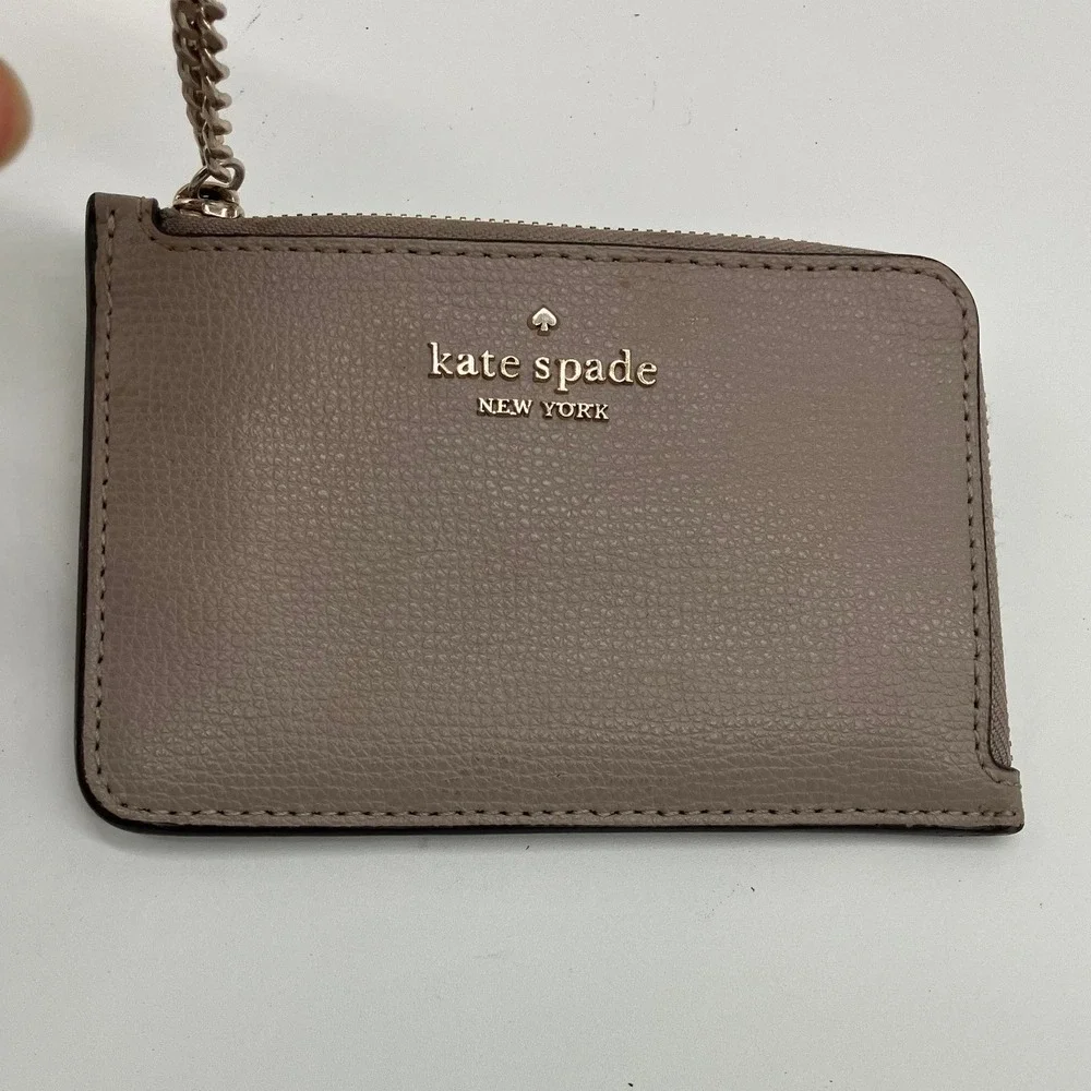 Kate Spade New York Keychain Wallet ID Case Card Holder Black Beige Leather J183